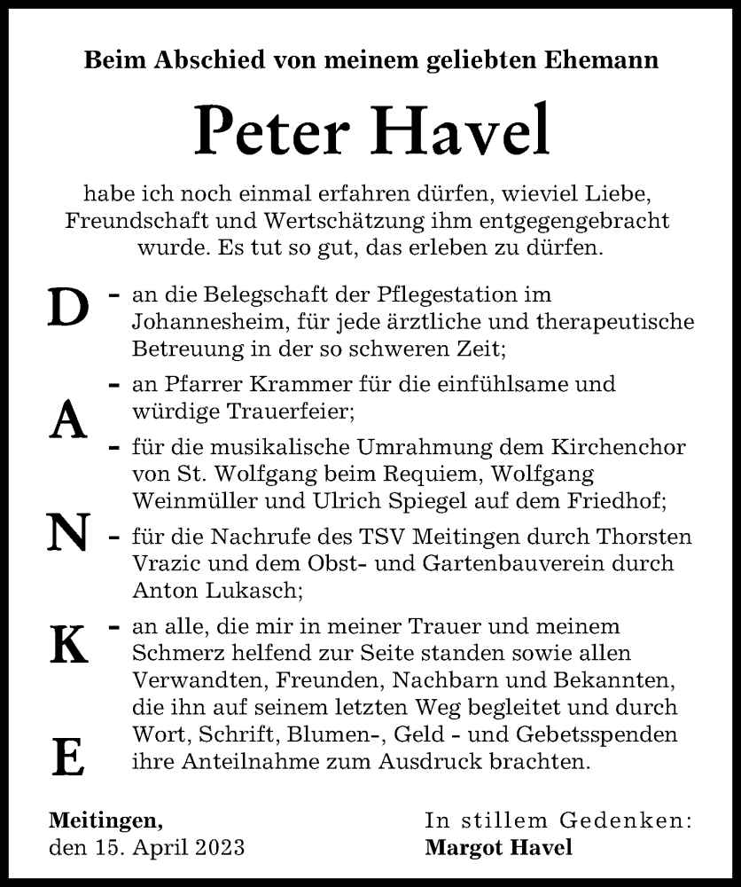  Traueranzeige für Peter Havel vom 15.04.2023 aus Wertinger Zeitung, Augsburg-Land, Augsburger Allgemeine