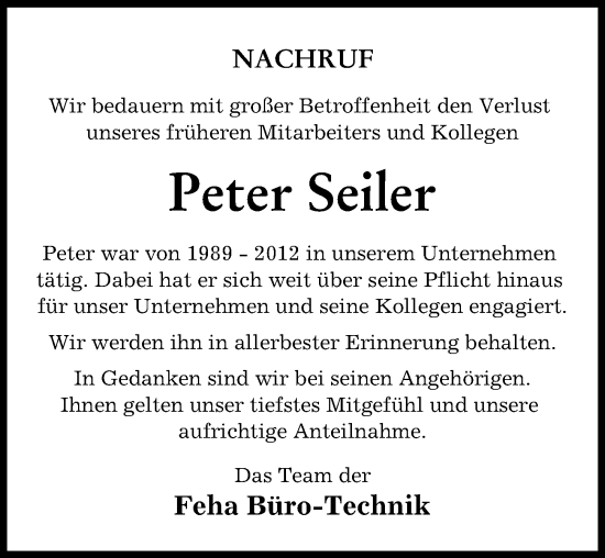 Traueranzeige von Peter Seiler von Günzburger Zeitung