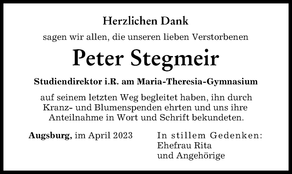  Traueranzeige für Peter Stegmeir vom 15.04.2023 aus Augsburger Allgemeine