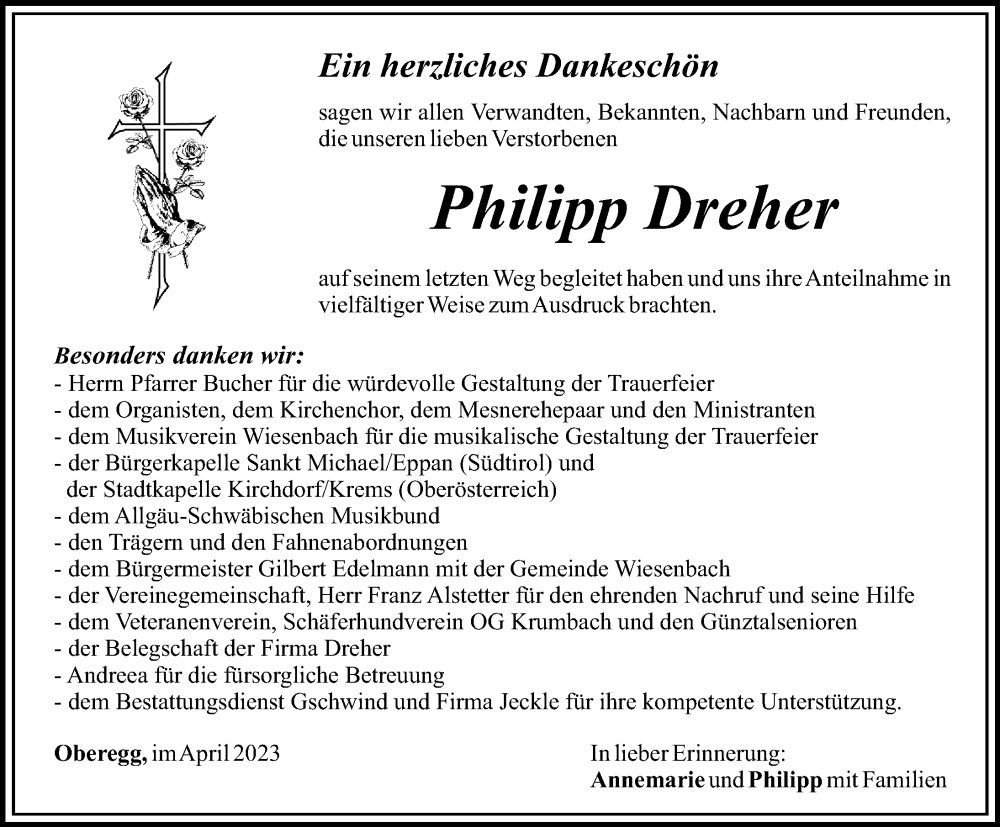  Traueranzeige für Philipp Dreher vom 08.04.2023 aus Mittelschwäbische Nachrichten