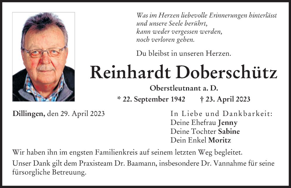 Traueranzeige von Reinhardt Doberschütz von Donau Zeitung