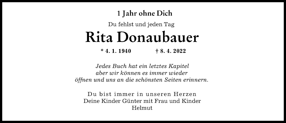 Traueranzeige von Rita Donaubauer von Augsburger Allgemeine