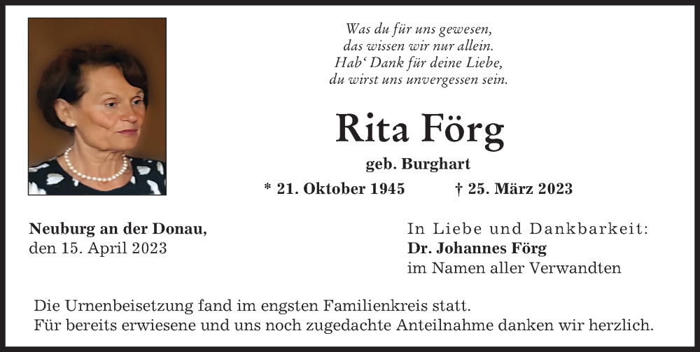 Traueranzeige von Rita Förg von Neuburger Rundschau