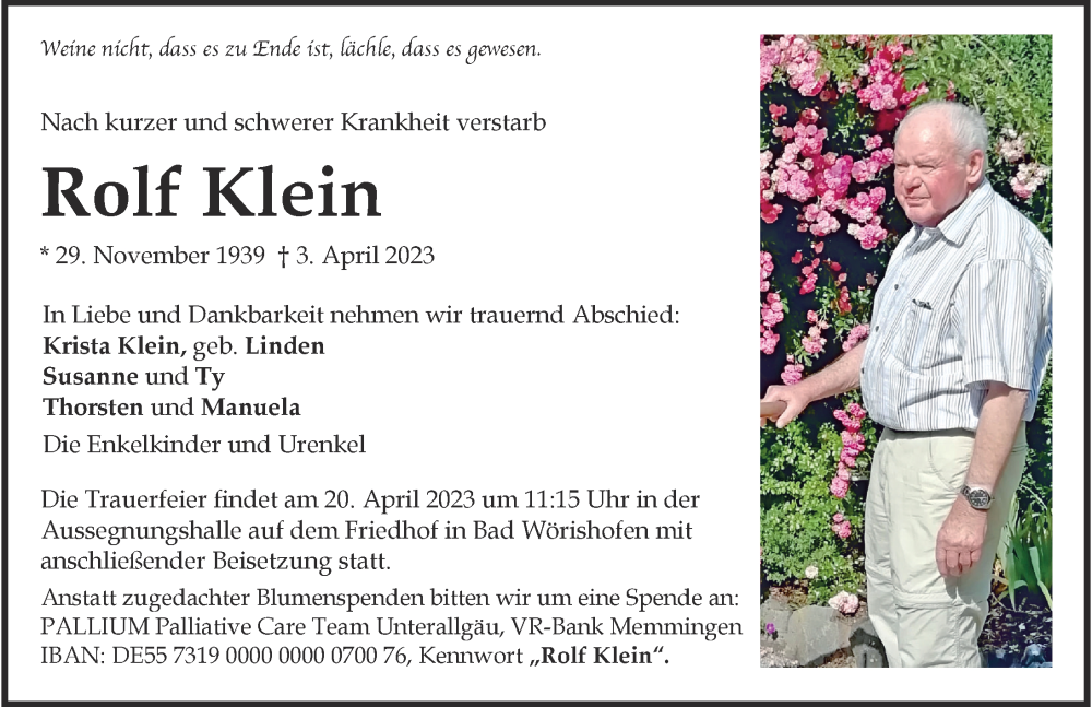  Traueranzeige für Rolf Klein vom 17.04.2023 aus Mindelheimer Zeitung