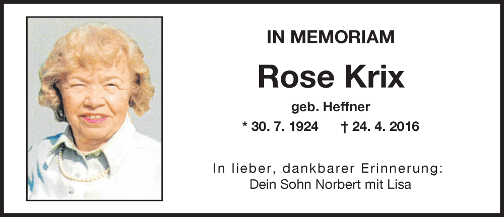 Traueranzeige von Rose Krix von Augsburger Allgemeine