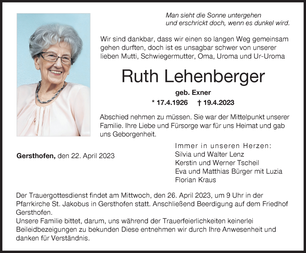  Traueranzeige für Ruth Lehenberger vom 22.04.2023 aus Augsburger Allgemeine