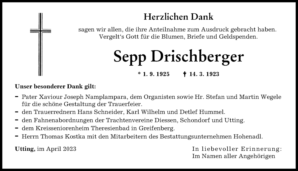  Traueranzeige für Sepp Drischberger vom 06.04.2023 aus Landsberger Tagblatt