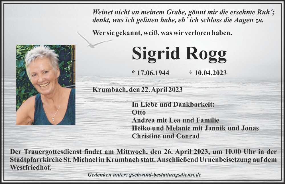 Traueranzeige von Sigrid Rogg von Mittelschwäbische Nachrichten