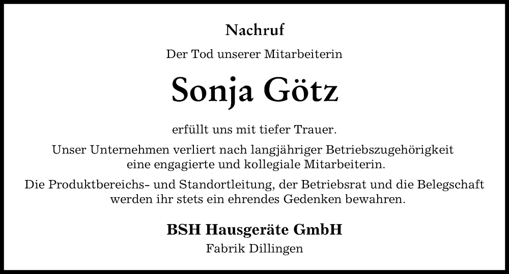  Traueranzeige für Sonja Götz vom 13.04.2023 aus Donau Zeitung