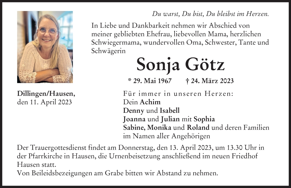 Traueranzeige für Sonja Götz vom 11.04.2023 aus Donau Zeitung