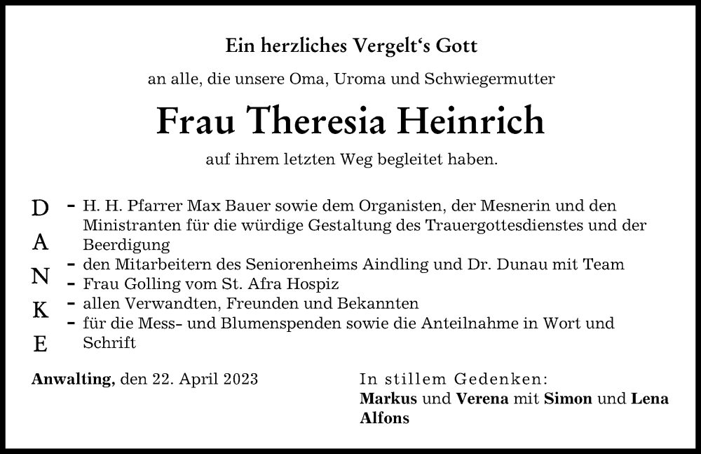 Traueranzeigen Von Theresia Heinrich Augsburger Allgemeine Zeitung