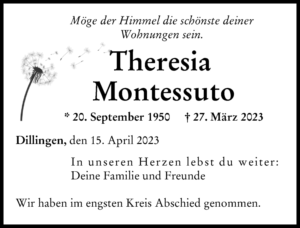 Traueranzeige von Theresia Montessuto von Donau Zeitung