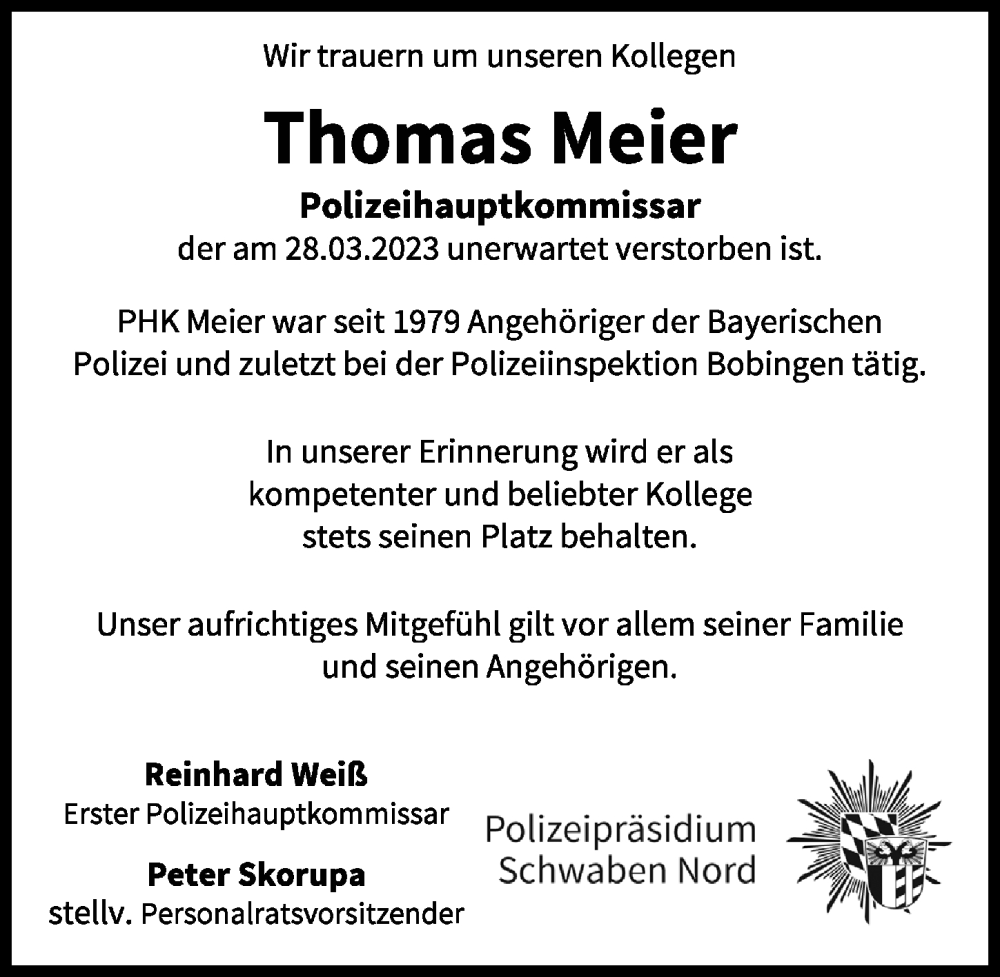  Traueranzeige für Thomas Meier vom 12.04.2023 aus Schwabmünchner Allgemeine
