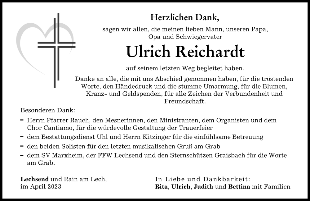  Traueranzeige für Ulrich Reichardt vom 05.04.2023 aus Donauwörther Zeitung