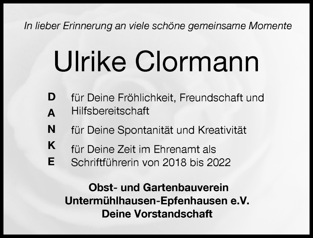  Traueranzeige für Ulrike Clormann vom 29.04.2023 aus Landsberger Tagblatt