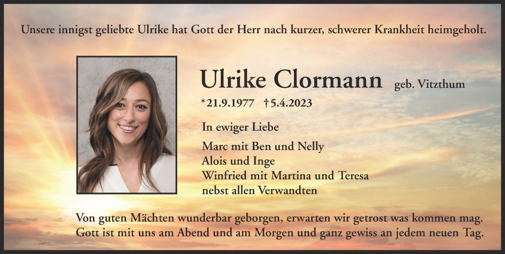  Traueranzeige für Ulrike Clormann vom 15.04.2023 aus Illertisser Zeitung