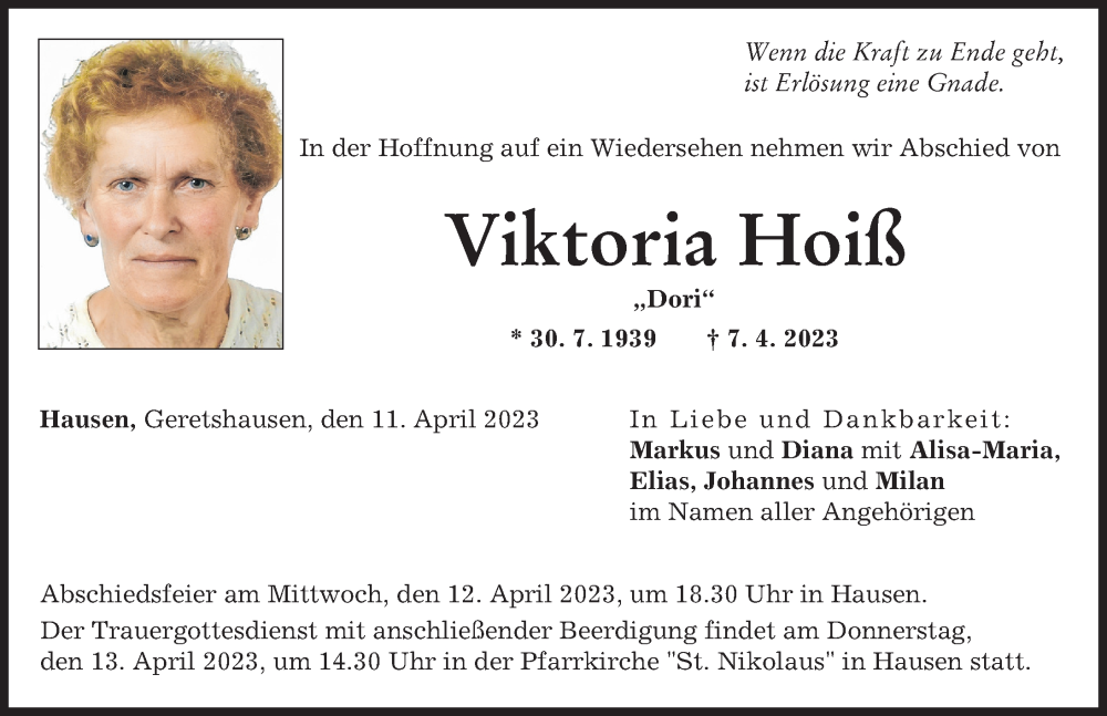  Traueranzeige für Viktoria Hoiß vom 11.04.2023 aus Landsberger Tagblatt