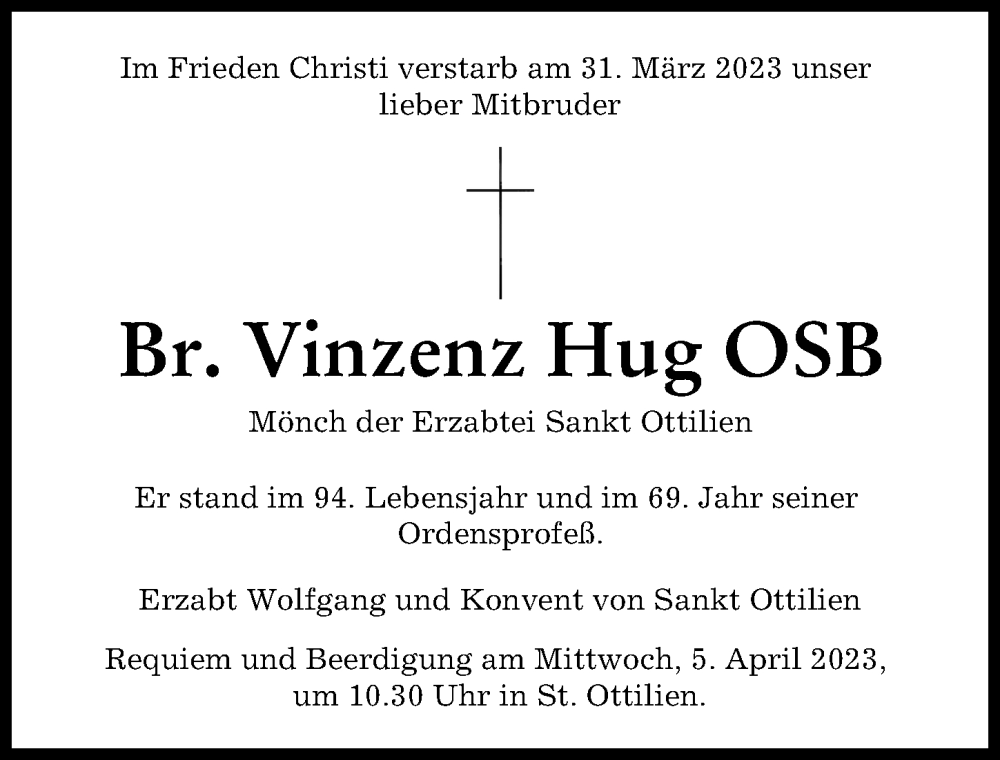 Traueranzeige von Vinzenz Hug von Landsberger Tagblatt