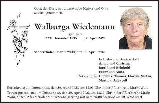 Traueranzeigen Von Walburga Wiedemann Augsburger Allgemeine Zeitung