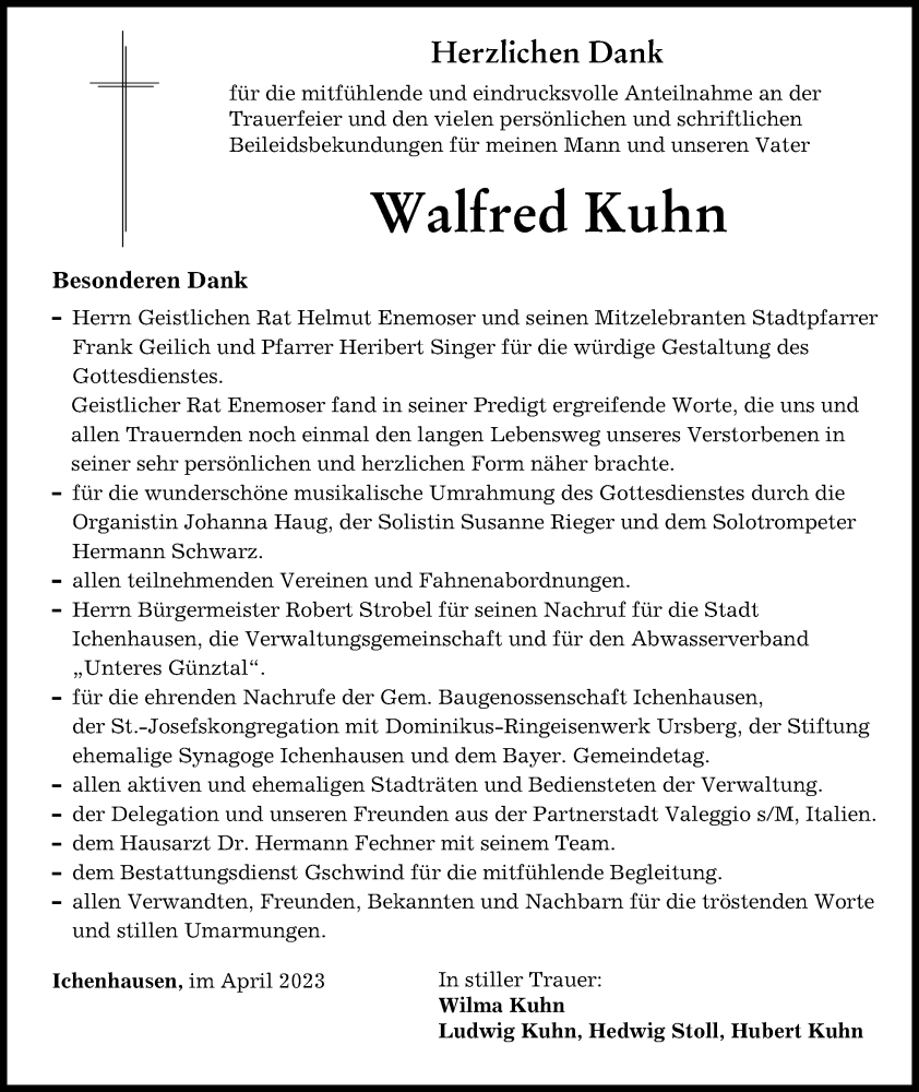  Traueranzeige für Walfred Kuhn vom 06.04.2023 aus Mittelschwäbische Nachrichten, Günzburger Zeitung