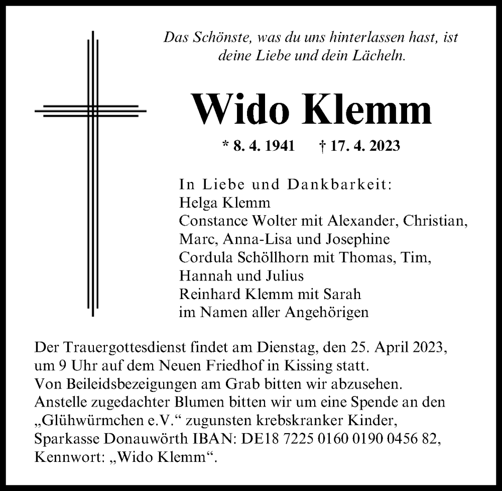  Traueranzeige für Wido Klemm vom 22.04.2023 aus Augsburger Allgemeine
