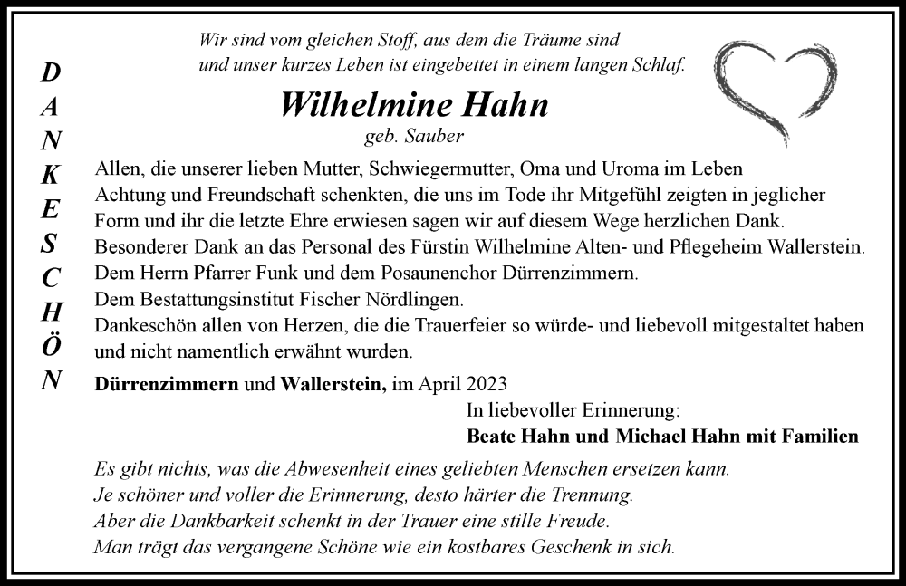  Traueranzeige für Wilhelmine Hahn vom 22.04.2023 aus Rieser Nachrichten