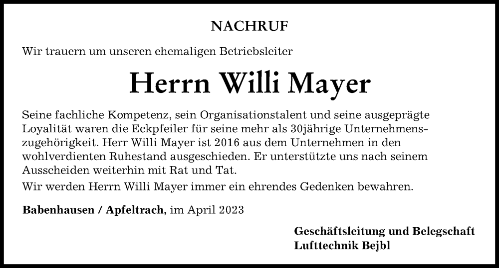 Traueranzeige von Willi Mayer von Mindelheimer Zeitung