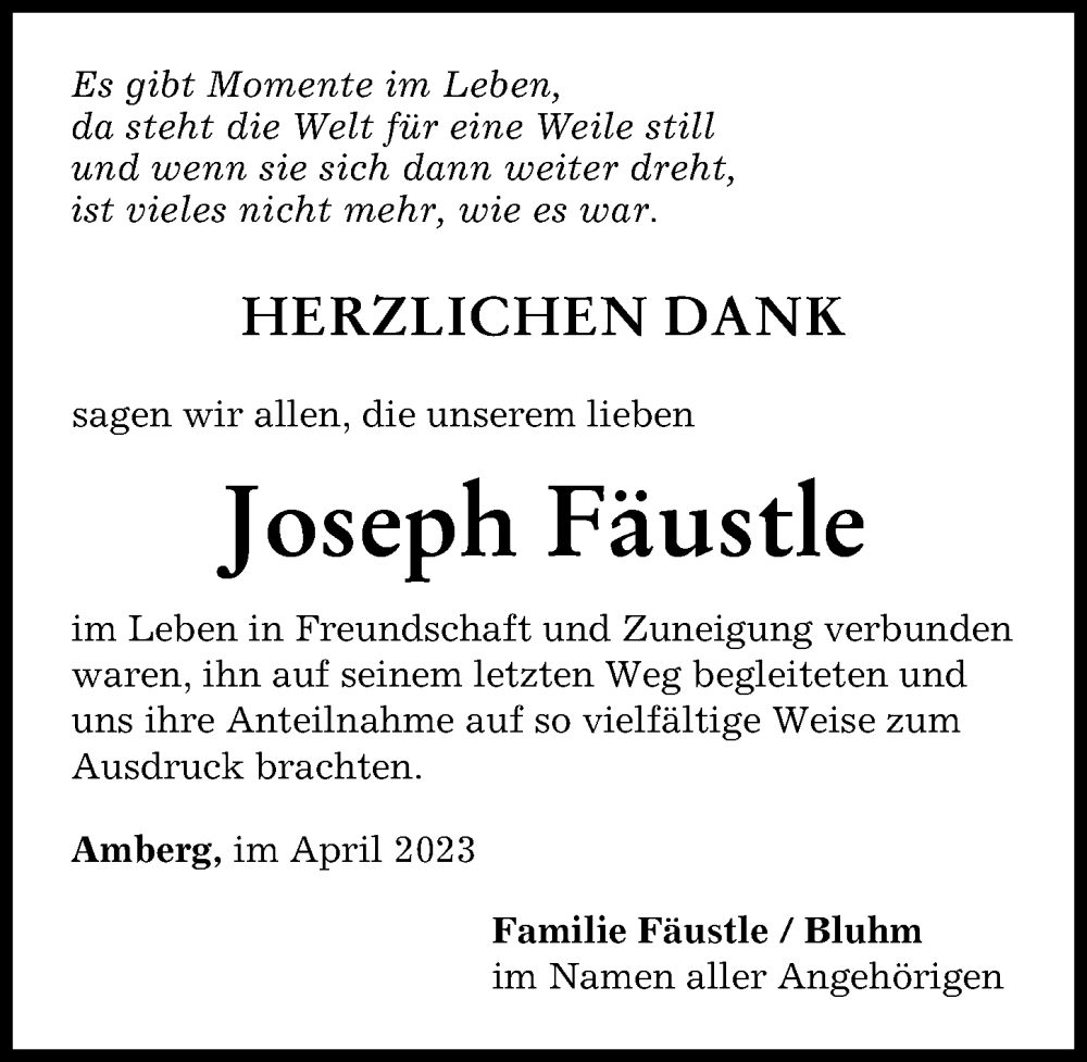 Traueranzeige von Joseph Fäustle  von Mindelheimer Zeitung