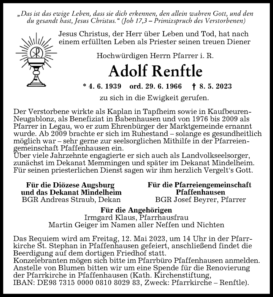  Traueranzeige für Adolf Renftle vom 10.05.2023 aus Augsburger Allgemeine
