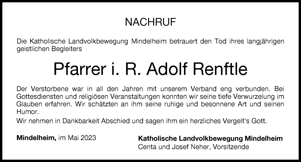  Traueranzeige für Adolf Renftle vom 11.05.2023 aus Mindelheimer Zeitung
