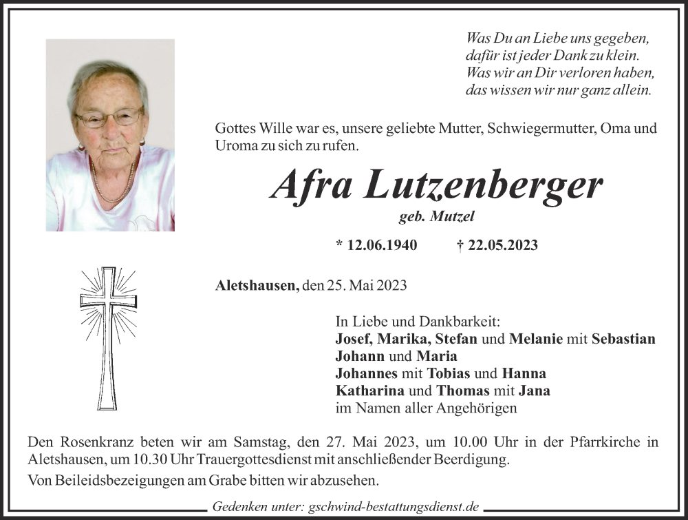  Traueranzeige für Afra Lutzenberger vom 25.05.2023 aus Mittelschwäbische Nachrichten
