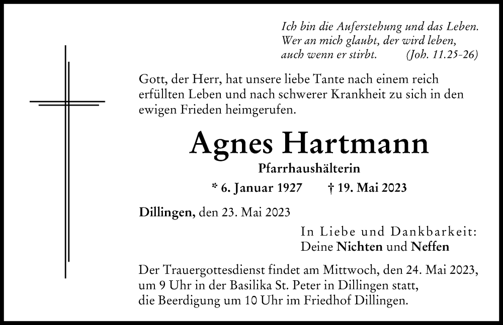 Traueranzeige von Agnes Hartmann von Donau Zeitung