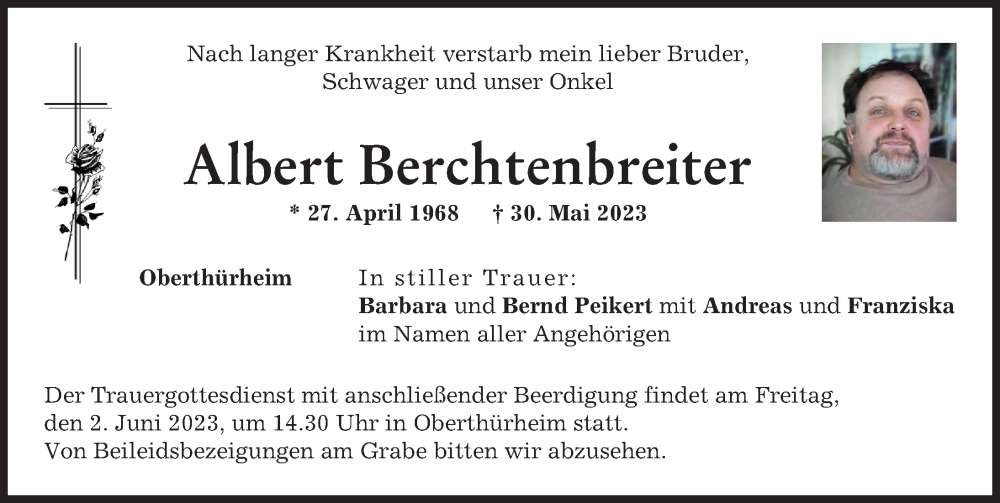 Traueranzeige von Albert Berchtenbreiter von Wertinger Zeitung