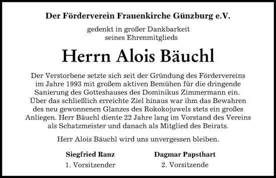 Traueranzeige von Alois Bäuchl von Neu-Ulmer Zeitung