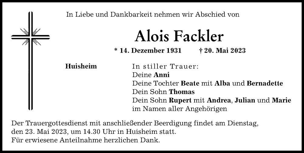 Traueranzeige für Alois Fackler vom 22.05.2023 aus Donauwörther Zeitung