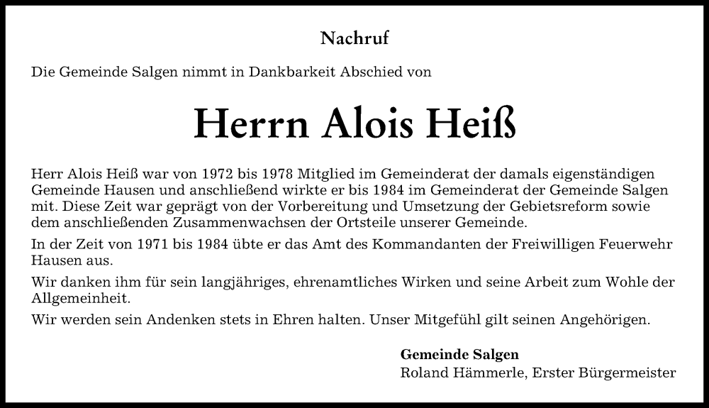  Traueranzeige für Alois Heiß vom 26.05.2023 aus Mindelheimer Zeitung