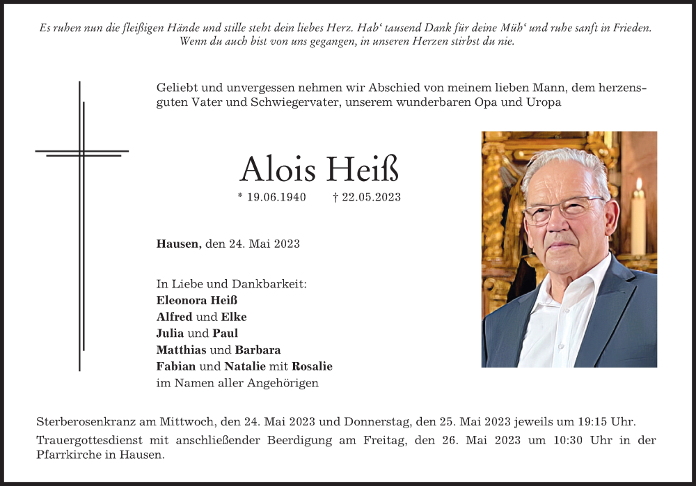  Traueranzeige für Alois Heiß vom 24.05.2023 aus Mindelheimer Zeitung