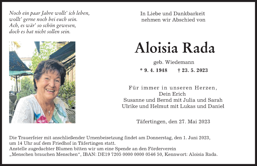  Traueranzeige für Aloisia Rada vom 27.05.2023 aus Augsburger Allgemeine