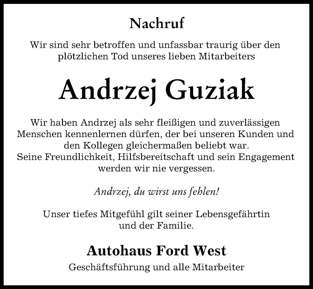 Traueranzeige von Andrzej Guziak von Augsburger Allgemeine