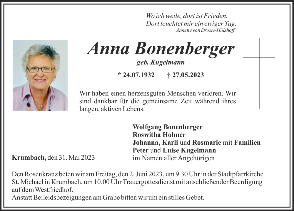 Traueranzeige von Anna Bonenberger von Mittelschwäbische Nachrichten