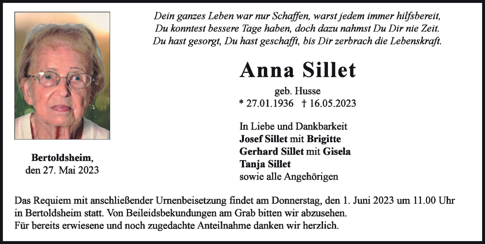  Traueranzeige für Anna Sillet vom 27.05.2023 aus Neuburger Rundschau