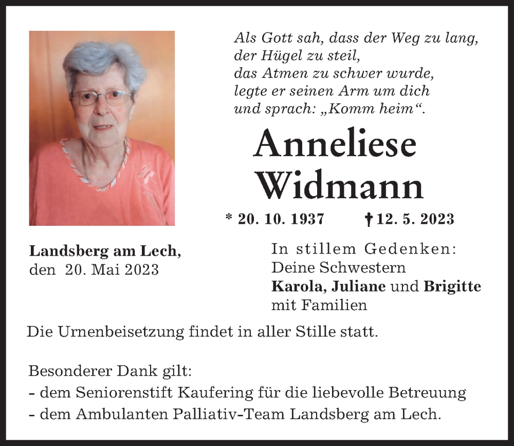 Traueranzeige von Anneliese Widmann von Landsberger Tagblatt