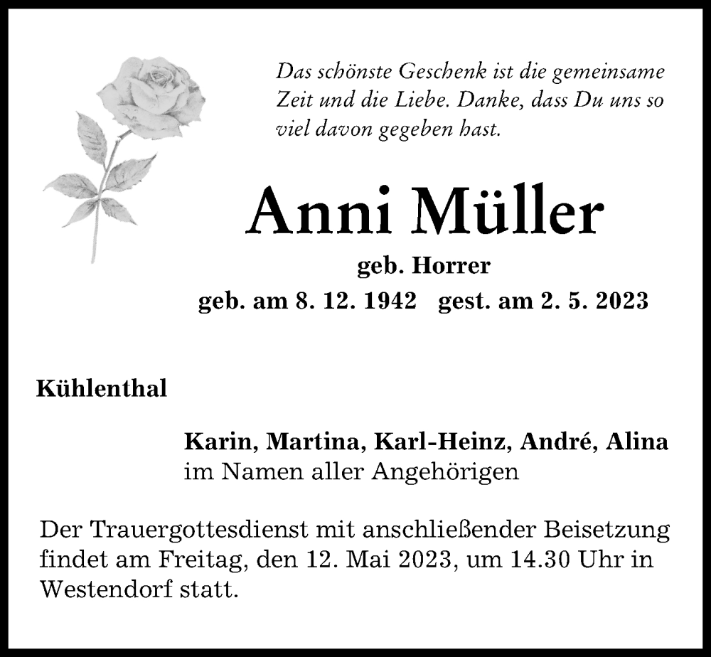  Traueranzeige für Anni Müller vom 06.05.2023 aus Augsburg-Land