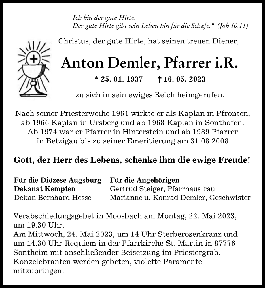 Traueranzeigen Von Anton Demler | Augsburger Allgemeine Zeitung