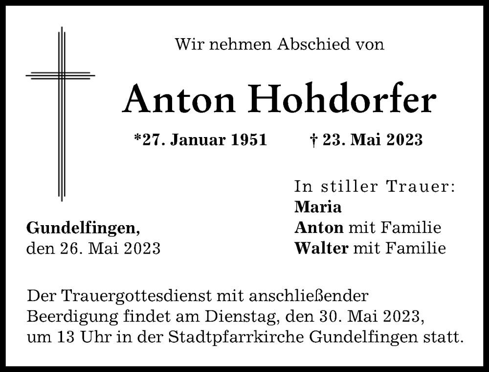  Traueranzeige für Anton Hohdorfer vom 26.05.2023 aus Donau Zeitung