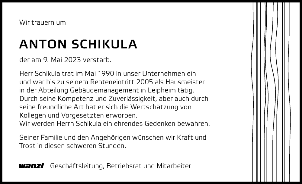  Traueranzeige für Anton Schikula vom 01.06.2023 aus Günzburger Zeitung