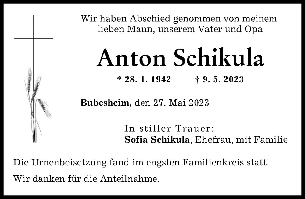  Traueranzeige für Anton Schikula vom 27.05.2023 aus Günzburger Zeitung