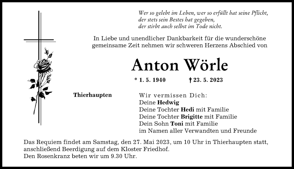  Traueranzeige für Anton Wörle vom 26.05.2023 aus Augsburg-Land