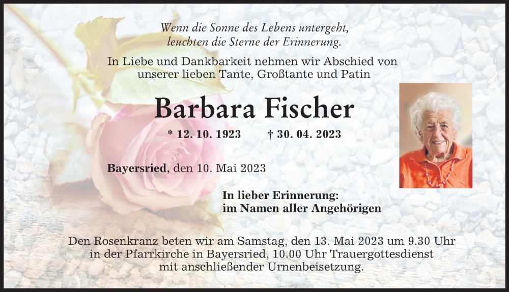 Traueranzeige von Barbara Fischer von Mittelschwäbische Nachrichten