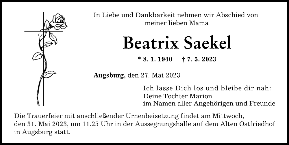  Traueranzeige für Beatrix Saekel vom 27.05.2023 aus Augsburger Allgemeine